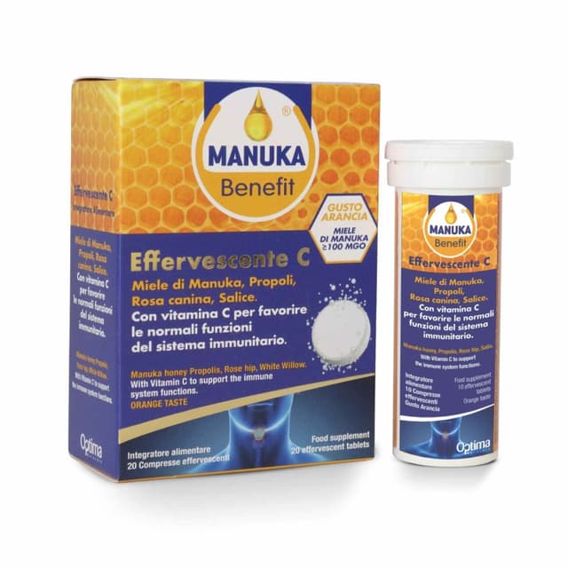 Vitamine C + Miel de Manuka – 20 comprimés | Optima Naturals Manuka Benefit Effervescent C